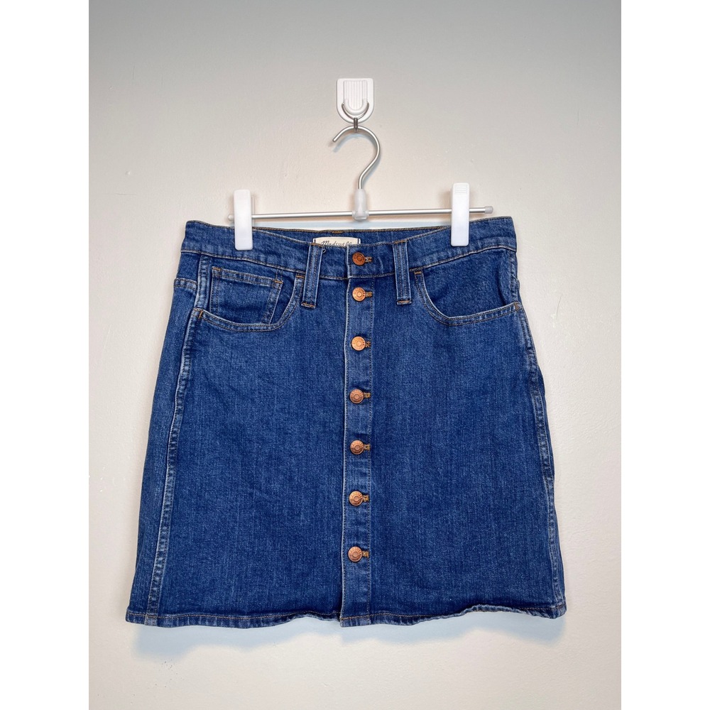 Madewell Denim Button Front Mini Skirt Medium Wash Blue Size 29 High Rise A-Line